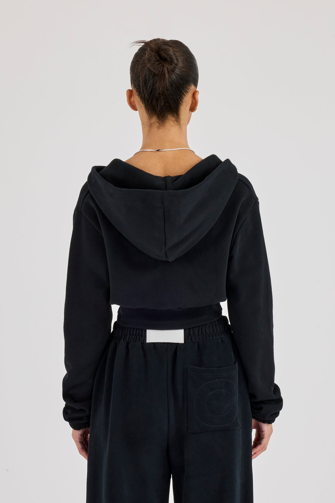 Rib Contrast Fitted Zip Hoodie - Black